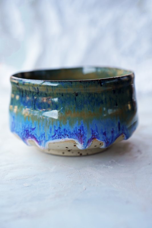 Tee Matcha Schale handgetöpferte Keramik – blau-türkis